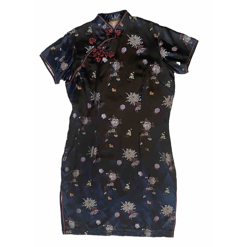 Cheongsam Dress Womens Large* & Purse Black Satin Geisha Oriental Asian Mini - Picture 2 of 16